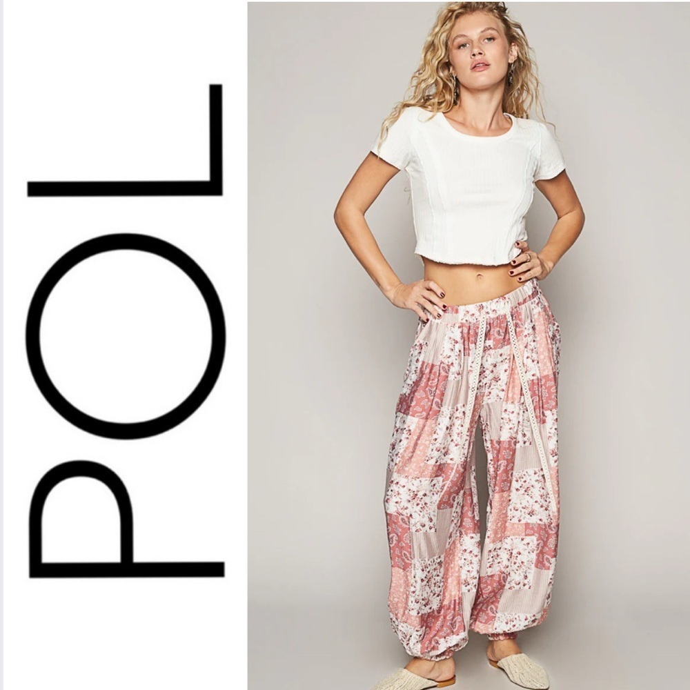 POL Pink Patchwork Joggers in Rose Multi Print 🌸💗 Lightweight, Cozy & Comfy 🌸💗